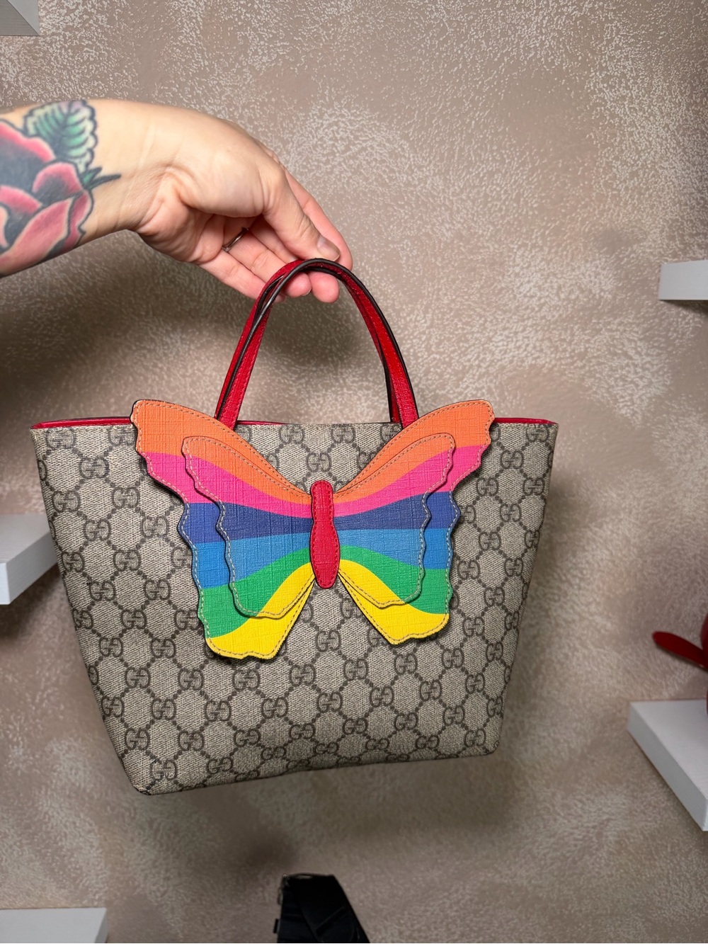 Gucci Rainbow Butterfly Mini Tote in Multicolor and Red Trim